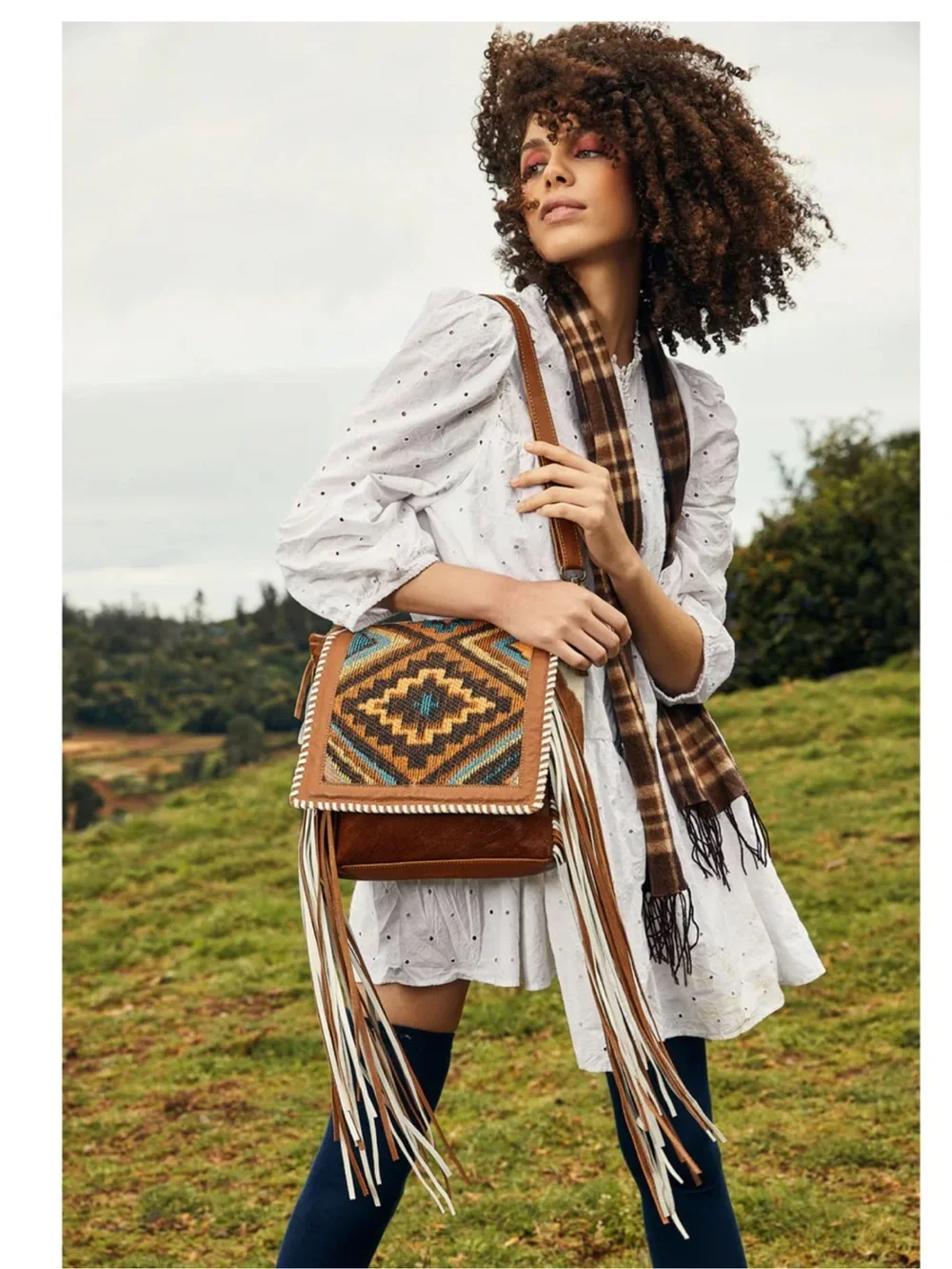 Myra Bag Boho Chic Style Leather & Hairon Bag Fringed Aztec Weaved Upcycled